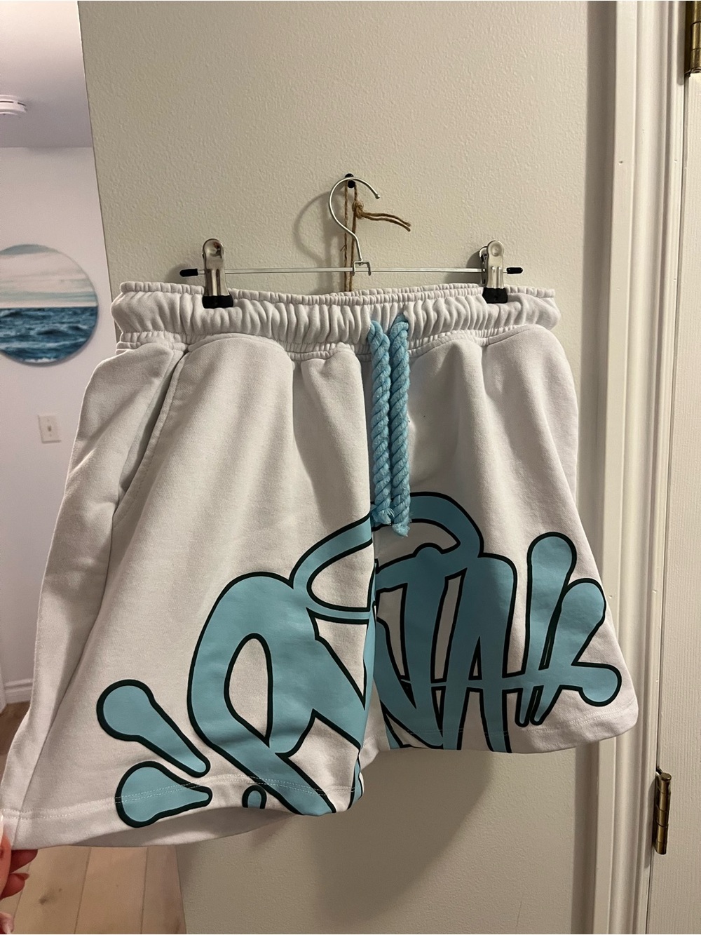 SYNA WORLD Streetwear White Graphic Shorts with Aqua Blue Drawstring